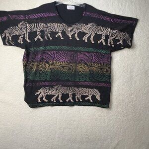 Vintage Bobbie Brooks Woman Zebra Tribal Animal Print Black T- Shirt Size 2XL